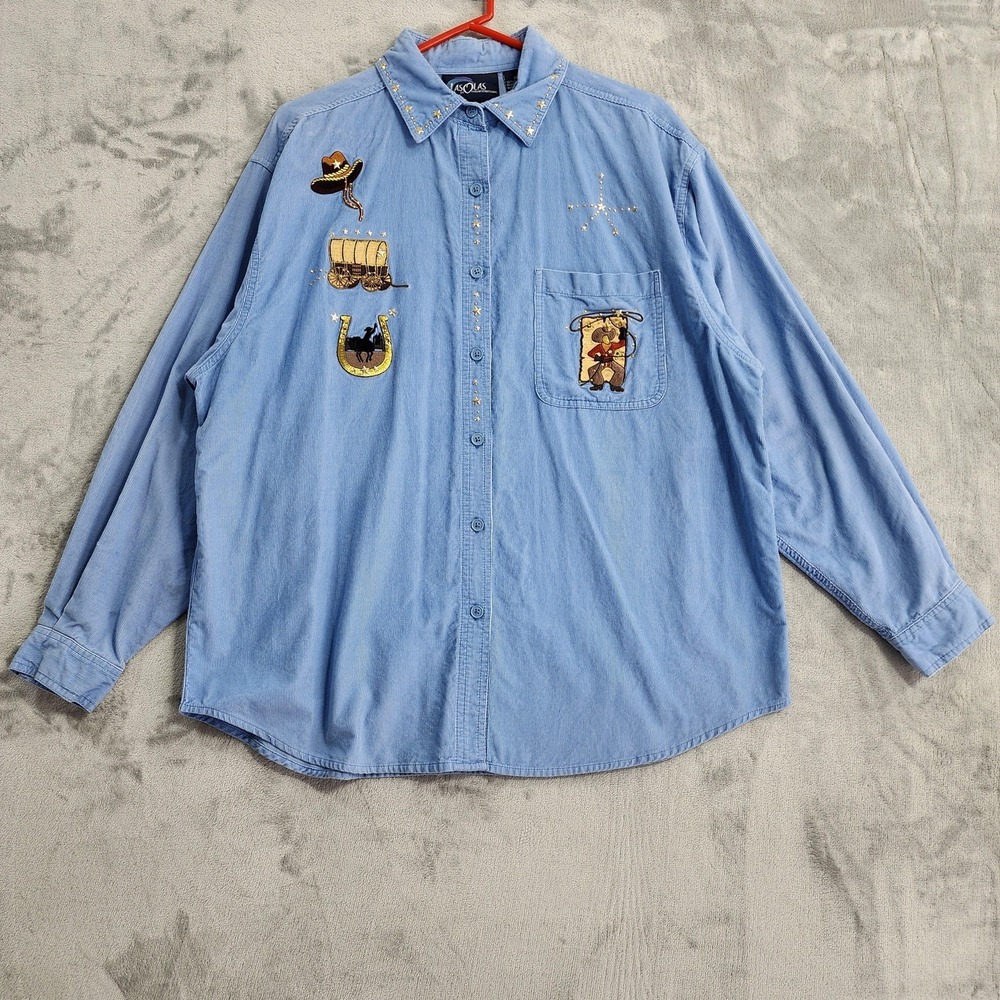 Vintage‎ Las Olas Top Womens XL Blue Western Cowboy Embroidered Corduroy Studded